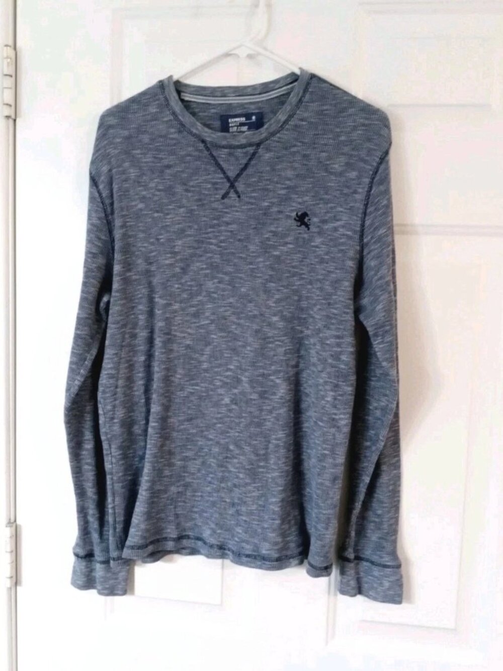 Express Men’s XL Waffle Knit Thermal Crew Neck Long Sleeve Heather Blue Gray